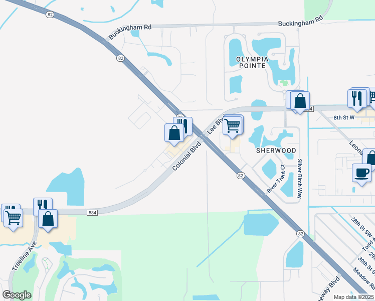 map of restaurants, bars, coffee shops, grocery stores, and more near Colonial Boulevard in Fort Myers