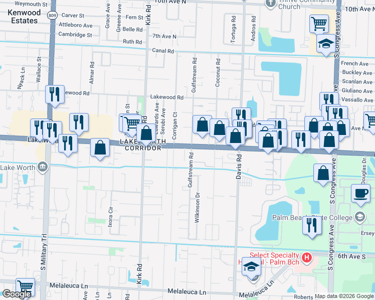 map of restaurants, bars, coffee shops, grocery stores, and more near 3800 Lake Worth Road in Palm Springs