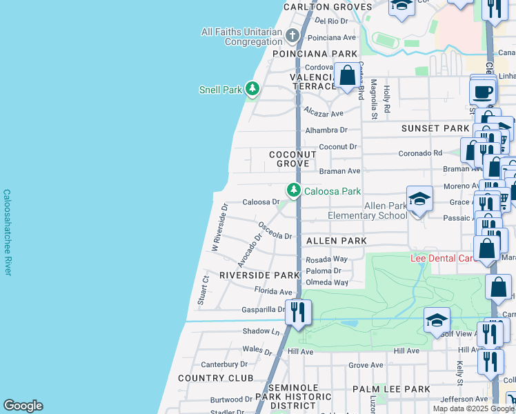 map of restaurants, bars, coffee shops, grocery stores, and more near 1264 Caloosa Drive in Fort Myers