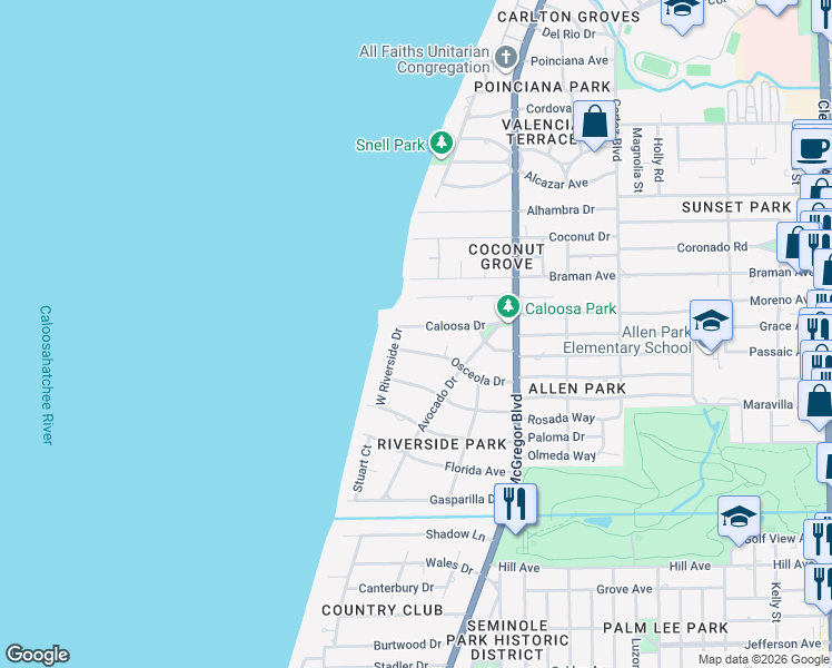 map of restaurants, bars, coffee shops, grocery stores, and more near 1222 Caloosa Drive in Fort Myers
