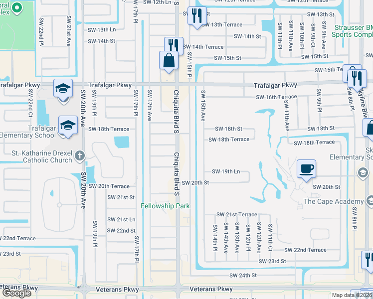 map of restaurants, bars, coffee shops, grocery stores, and more near 1826 Southwest 15th Place in Cape Coral