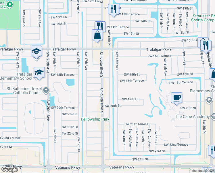 map of restaurants, bars, coffee shops, grocery stores, and more near 1826 Southwest 15th Place in Cape Coral