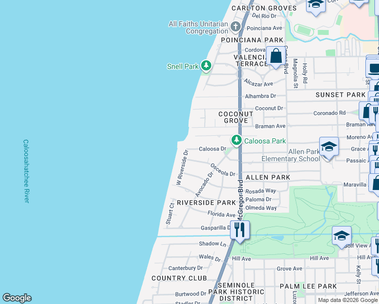 map of restaurants, bars, coffee shops, grocery stores, and more near 1222 Caloosa Drive in Fort Myers