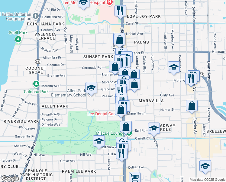 map of restaurants, bars, coffee shops, grocery stores, and more near 1942 Grace Avenue in Fort Myers
