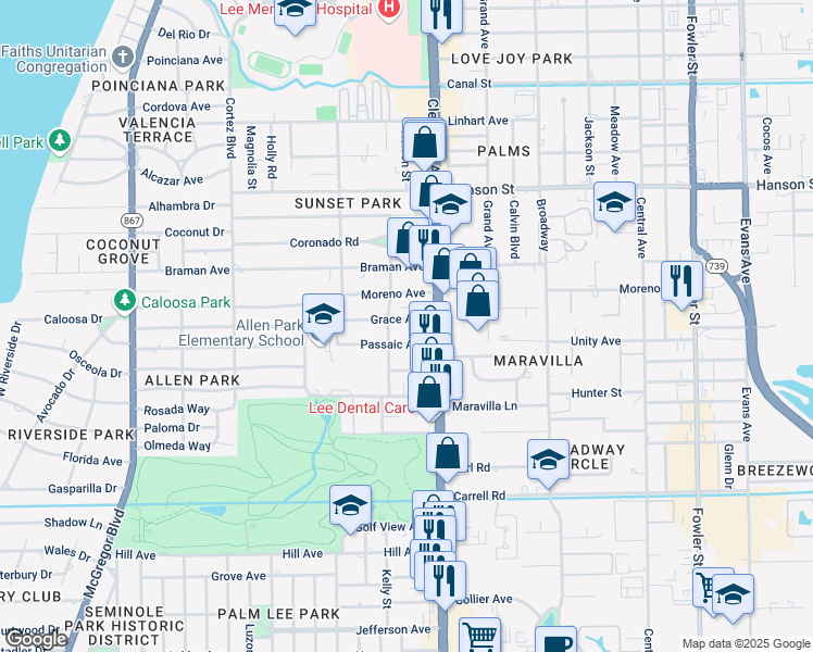 map of restaurants, bars, coffee shops, grocery stores, and more near 1942 Grace Avenue in Fort Myers
