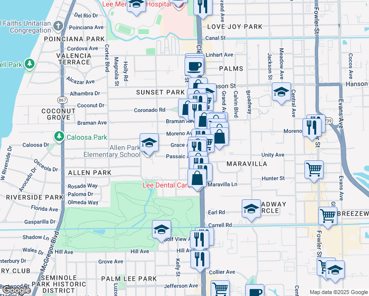 map of restaurants, bars, coffee shops, grocery stores, and more near 1942 Grace Avenue in Fort Myers