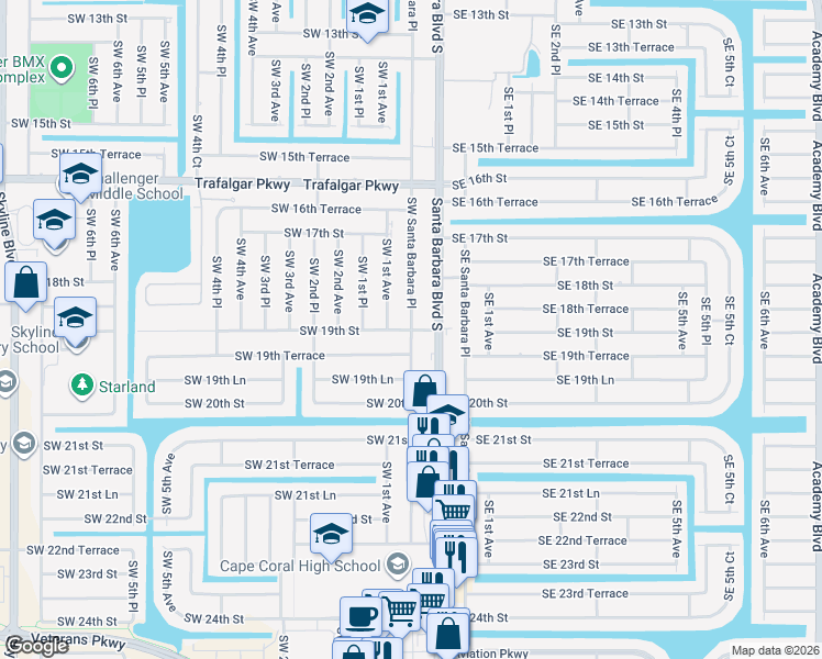 map of restaurants, bars, coffee shops, grocery stores, and more near 10 Southwest 19th Street in Cape Coral