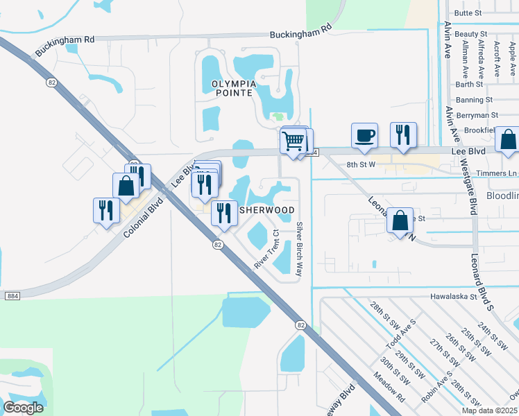 map of restaurants, bars, coffee shops, grocery stores, and more near 11065 River Trent Court in Lehigh Acres