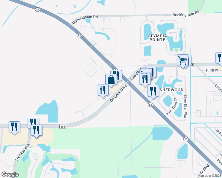 map of restaurants, bars, coffee shops, grocery stores, and more near 11031 Colonial Boulevard in Fort Myers