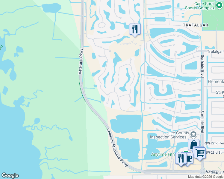 map of restaurants, bars, coffee shops, grocery stores, and more near 11672 Royal Tee Circle in Cape Coral