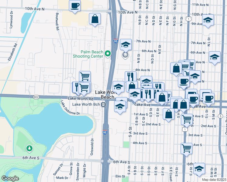 map of restaurants, bars, coffee shops, grocery stores, and more near 1743 2nd Avenue North in Lake Worth