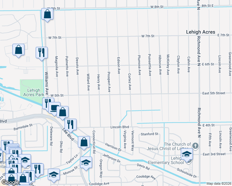 map of restaurants, bars, coffee shops, grocery stores, and more near 307 West 5th Street in Lehigh Acres