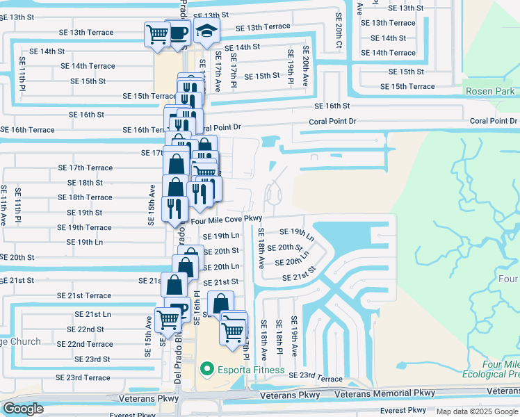 map of restaurants, bars, coffee shops, grocery stores, and more near 1753 Four Mile Cove Parkway in Cape Coral