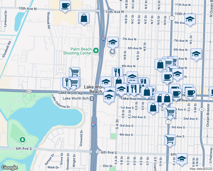 map of restaurants, bars, coffee shops, grocery stores, and more near 1743 2nd Avenue North in Lake Worth