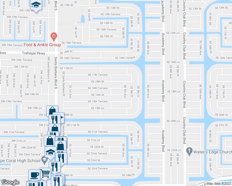 map of restaurants, bars, coffee shops, grocery stores, and more near 409 Southeast 19th Street in Cape Coral