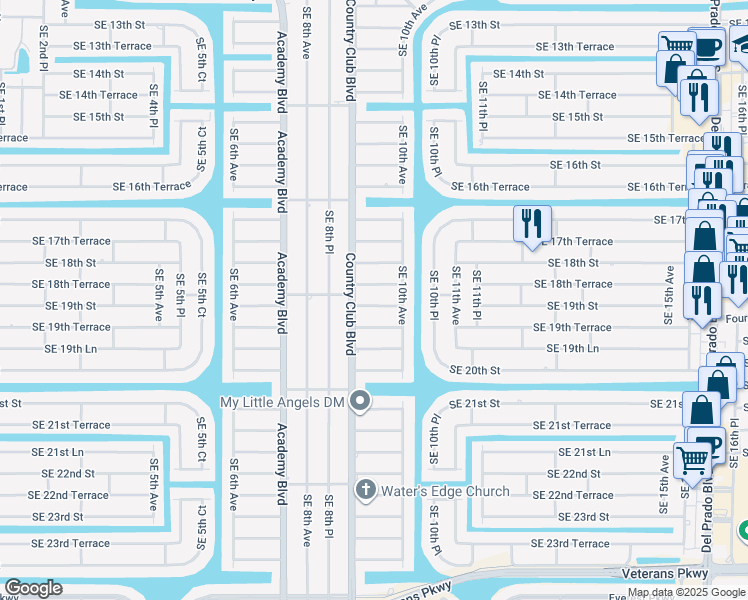 map of restaurants, bars, coffee shops, grocery stores, and more near 912 Southeast 19th Street in Cape Coral