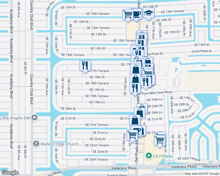 map of restaurants, bars, coffee shops, grocery stores, and more near 1424 Southeast 19th Street in Cape Coral