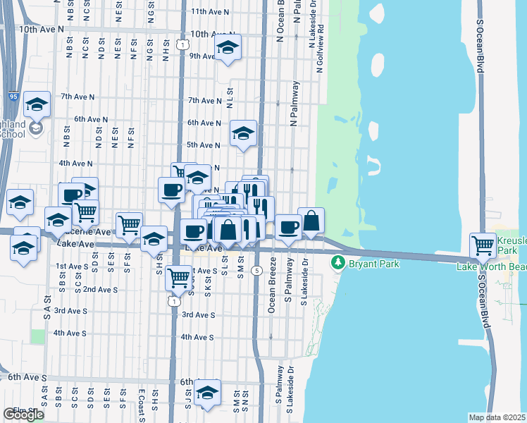 map of restaurants, bars, coffee shops, grocery stores, and more near 125 North O Street in Lake Worth