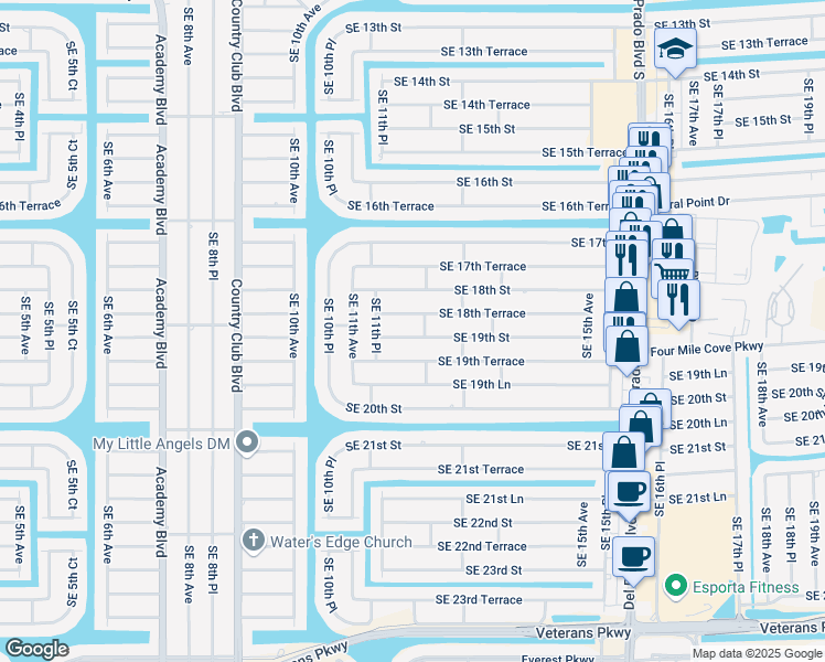 map of restaurants, bars, coffee shops, grocery stores, and more near 1126 Southeast 19th Street in Cape Coral