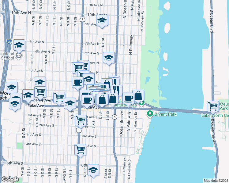 map of restaurants, bars, coffee shops, grocery stores, and more near 125 North O Street in Lake Worth