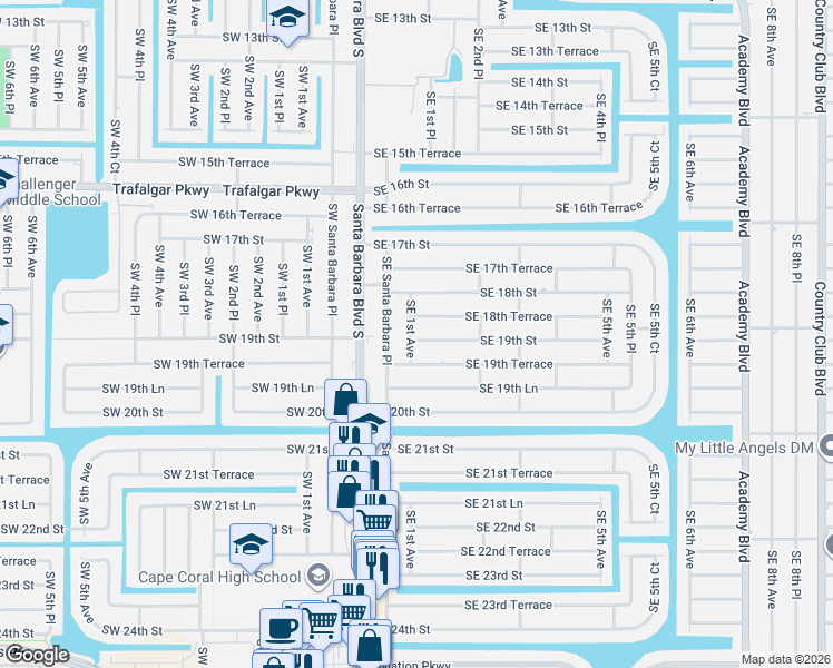 map of restaurants, bars, coffee shops, grocery stores, and more near 130 Southeast 19th Street in Cape Coral