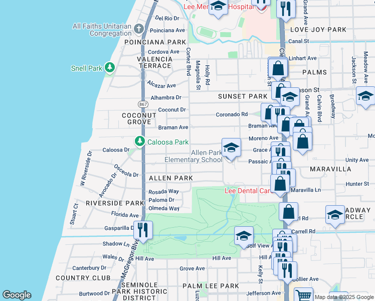 map of restaurants, bars, coffee shops, grocery stores, and more near 1574 Grace Avenue in Fort Myers