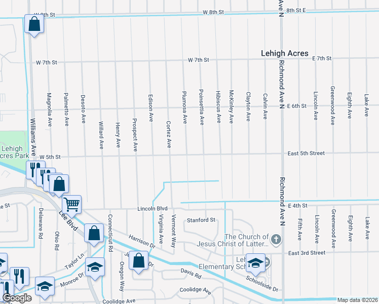map of restaurants, bars, coffee shops, grocery stores, and more near 107 West 5th Street in Lehigh Acres