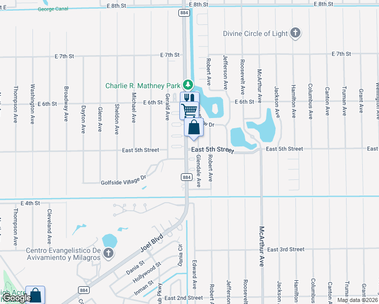 map of restaurants, bars, coffee shops, grocery stores, and more near 2310 East 5th Street in Lehigh Acres