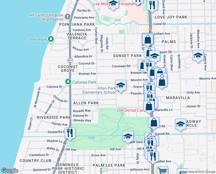 map of restaurants, bars, coffee shops, grocery stores, and more near 1634 Grace Avenue in Fort Myers