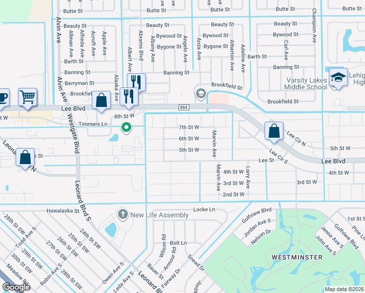 map of restaurants, bars, coffee shops, grocery stores, and more near 5301 5th Street West in Lehigh Acres