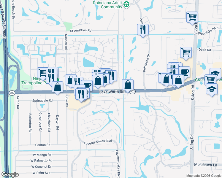 map of restaurants, bars, coffee shops, grocery stores, and more near 7123 Lake Worth Road in Wellington