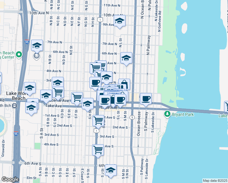 map of restaurants, bars, coffee shops, grocery stores, and more near 120 North K Street in Lake Worth