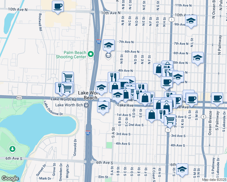 map of restaurants, bars, coffee shops, grocery stores, and more near 119 North A Street in Lake Worth