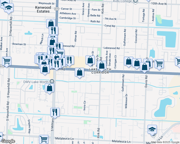 map of restaurants, bars, coffee shops, grocery stores, and more near 4020b Cooley Court in Lake Worth