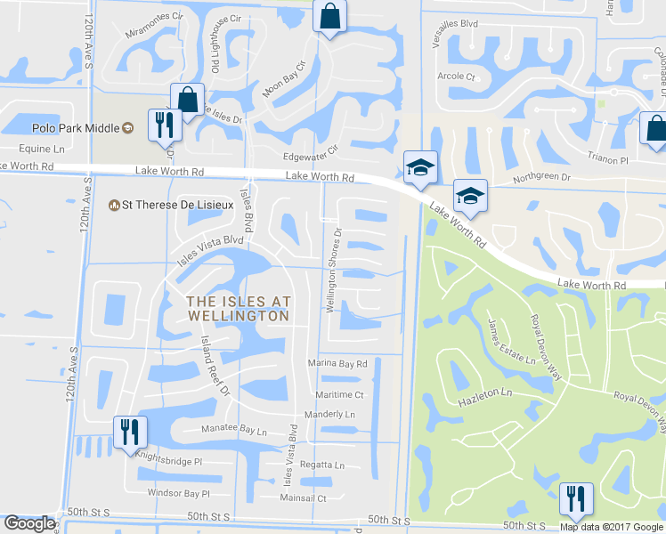 map of restaurants, bars, coffee shops, grocery stores, and more near 4241 Wellington Shores Drive in Wellington