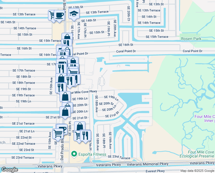 map of restaurants, bars, coffee shops, grocery stores, and more near 1761 Four Mile Cove Parkway in Cape Coral