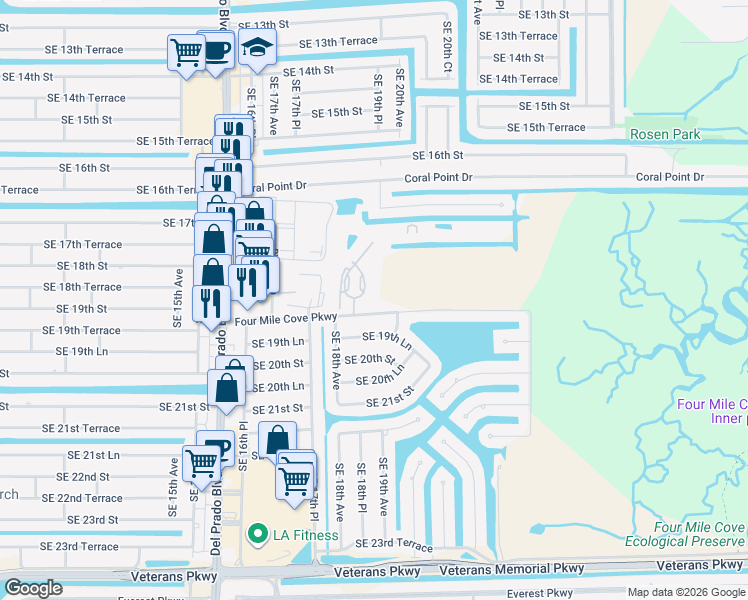 map of restaurants, bars, coffee shops, grocery stores, and more near 1761 Four Mile Cove Parkway in Cape Coral