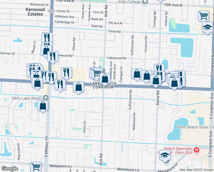 map of restaurants, bars, coffee shops, grocery stores, and more near in Lake Worth