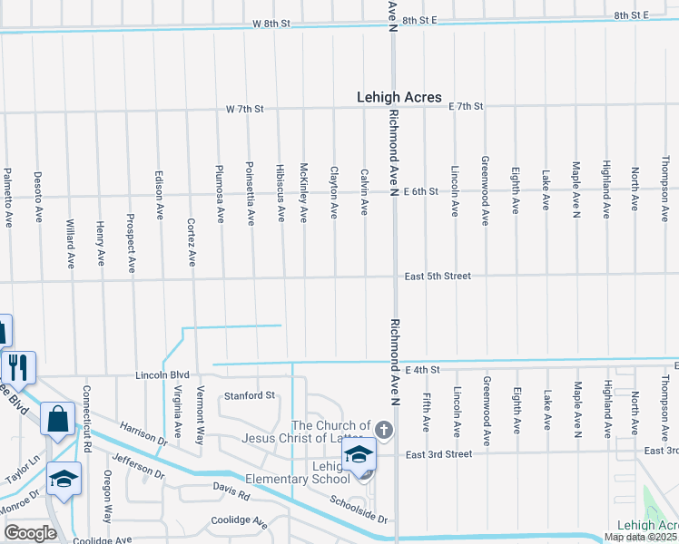 map of restaurants, bars, coffee shops, grocery stores, and more near 201 East 5th Street in Lehigh Acres