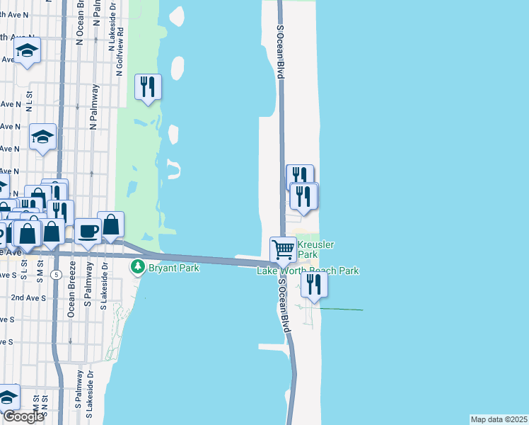 map of restaurants, bars, coffee shops, grocery stores, and more near 2840 South Ocean Boulevard in Palm Beach
