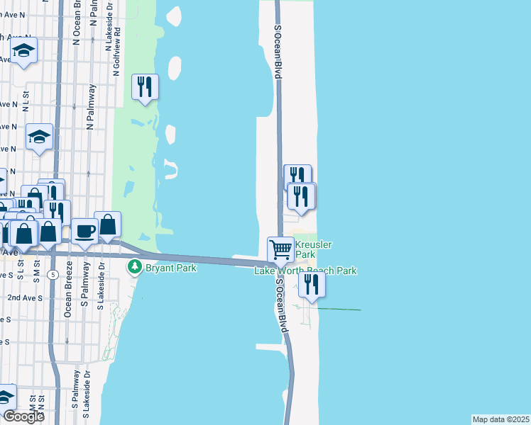map of restaurants, bars, coffee shops, grocery stores, and more near 2840 South Ocean Boulevard in Palm Beach