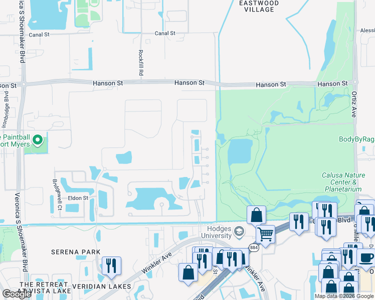 map of restaurants, bars, coffee shops, grocery stores, and more near 4369 Dutchess Park Road in Fort Myers