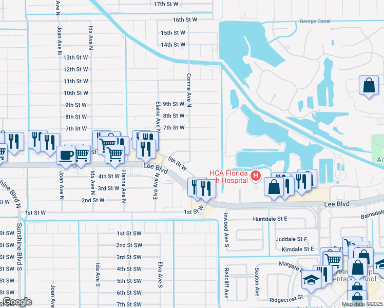 map of restaurants, bars, coffee shops, grocery stores, and more near 2519 Elva Place in Lehigh Acres