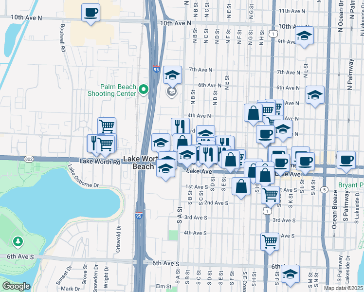 map of restaurants, bars, coffee shops, grocery stores, and more near 2nd Avenue North in Lake Worth