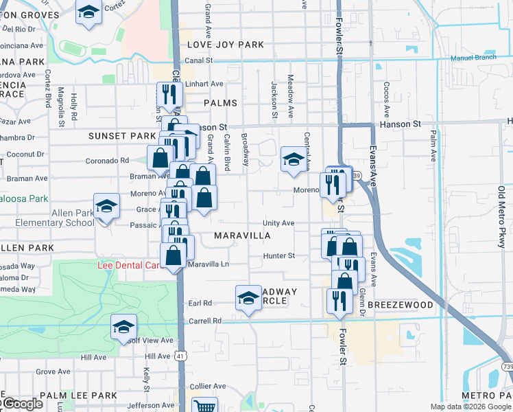 map of restaurants, bars, coffee shops, grocery stores, and more near 2209 Unity Avenue in Fort Myers