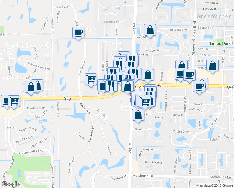 map of restaurants, bars, coffee shops, grocery stores, and more near Lake Worth Road & Wry Road in Lake Worth