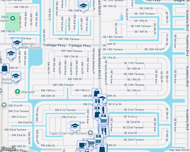map of restaurants, bars, coffee shops, grocery stores, and more near 10 Southwest 19th Street in Cape Coral