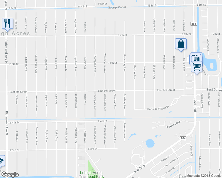 map of restaurants, bars, coffee shops, grocery stores, and more near 1405 East 5th Street in Lehigh Acres
