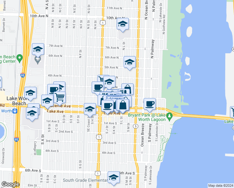 map of restaurants, bars, coffee shops, grocery stores, and more near 120 North K Street in Lake Worth