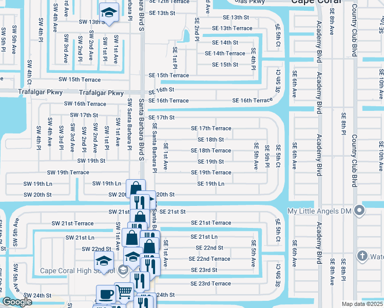 map of restaurants, bars, coffee shops, grocery stores, and more near 154 Southeast 19th Street in Cape Coral